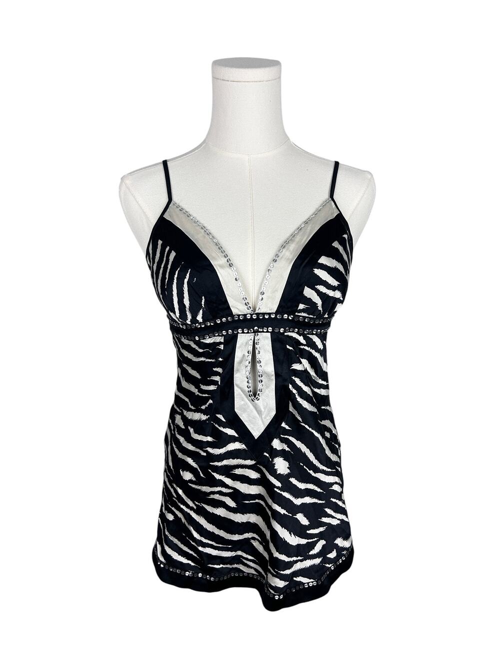 Bebe Y2K Black Zebra Printed Sequin Embellished Preppy Plunge Bust Tank Top S